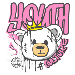 Ilustração de um urso de pelúcia estilizado com uma coroa, acompanhado de grafites coloridos e a palavra "YOUTH" em destaque, representando a cultura urbana. Elementos visuais incluem um logo de vestuário autêntico e a hashtag "#CULTURE".