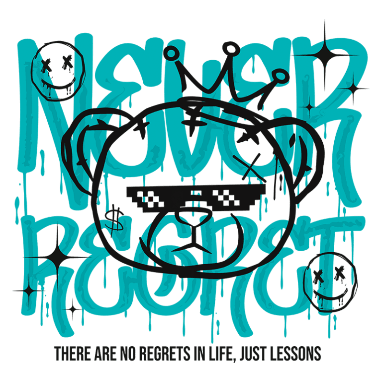 Imagem com arte de graffiti apresentando um urso estilizado usando óculos escuros e uma coroa, acompanhado das frases "Never Regret" e "There are no regrets in life, just lessons" em um estilo urbano e colorido. Ideal para temas de autoajuda e expressão artística.