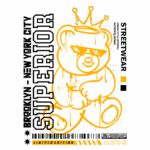 Desenho de um urso estilizado com óculos escuros e uma coroa, acompanhado por texto em destaque que menciona "Brooklyn - New York City" e "SUPERIOR". O design é uma arte urbana voltada para streetwear, com cores amarelo e preto, e a indicação de edição limitada.
