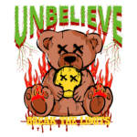 Ursinho de pelúcia com expressão de raiva segurando um rosto amarelo com olhos cruzados, rodeado por chamas e a frase "UNBELIEVE BREAK THE LIMIT'S" em estilo gráfico ousado. Ideal para produtos com temática alternativa e urbana.