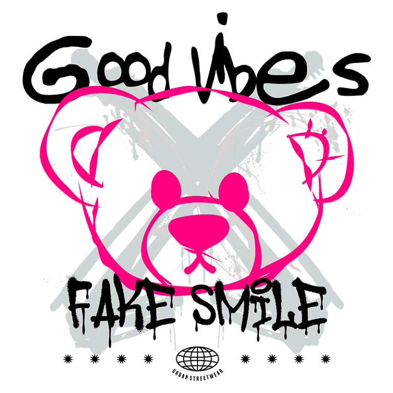 Ilustração de um design gráfico colorido com um urso estilizado no centro, cercado por elementos de arte urbana. As palavras "Good Vibes" e "Fake Smile" aparecem em letras grandes e ousadas, refletindo um estilo contemporâneo de streetwear. Ideal para moda urbana e cultura jovem.