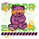 Ilustração de um urso roxo estilizado com olhos vendados, cercado por elementos gráficos como um globo e manchas de tinta laranja, representando moda streetwear. O texto "CONTROL THE WORLD" e "1998" destacam a originalidade e qualidade da marca.