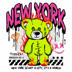 Imagem de um urso de pelúcia amarelo com detalhes em chamas, cercado por elementos gráficos como diamantes e símbolos, com o texto "NEW YORK" em destaque. O design transmite uma estética urbana e contemporânea, refletindo a cultura de Nova York.