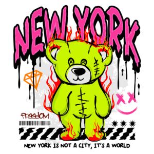 Imagem de um urso de pelúcia amarelo com detalhes em chamas, cercado por elementos gráficos como diamantes e símbolos, com o texto "NEW YORK" em destaque. O design transmite uma estética urbana e contemporânea, refletindo a cultura de Nova York.