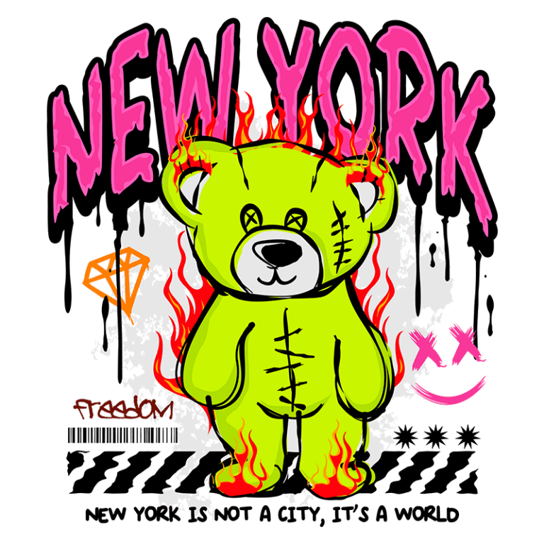 Imagem de um urso de pelúcia amarelo com detalhes em chamas, cercado por elementos gráficos como diamantes e símbolos, com o texto "NEW YORK" em destaque. O design transmite uma estética urbana e contemporânea, refletindo a cultura de Nova York.