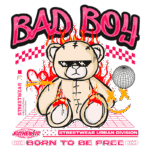 Imagem de um urso de pelúcia estilizado com óculos escuros, cercado por chamas e elementos gráficos vibrantes. O design apresenta o texto "BAD BOY" em destaque, com uma estética de streetwear urbana, incluindo padrões de grade e uma bola disco. Ideal para moda jovem e cultura urbana.