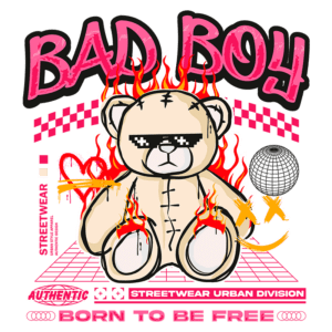 Imagem de um urso de pelúcia estilizado com óculos escuros, cercado por chamas e elementos gráficos vibrantes. O design apresenta o texto "BAD BOY" em destaque, com uma estética de streetwear urbana, incluindo padrões de grade e uma bola disco. Ideal para moda jovem e cultura urbana.