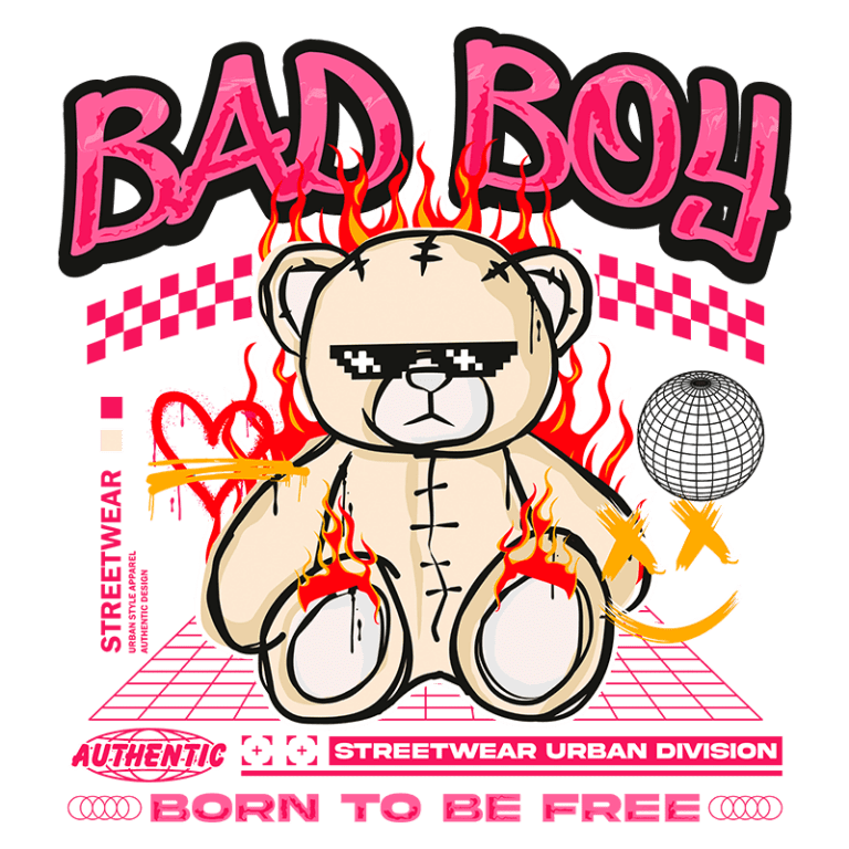 Imagem de um urso de pelúcia estilizado com óculos escuros, cercado por chamas e elementos gráficos vibrantes. O design apresenta o texto "BAD BOY" em destaque, com uma estética de streetwear urbana, incluindo padrões de grade e uma bola disco. Ideal para moda jovem e cultura urbana.