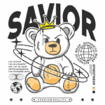 Ursinho estilizado com coroa, representando a marca de streetwear "Savior", com elementos gráficos e texto que expressam uma mensagem de autenticidade e individualidade.