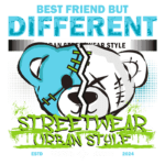 Design gráfico com dois ursos de pelúcia, um azul e um branco, representando a frase "Best Friend But Different". Estilo urbano de streetwear, com elementos gráficos vibrantes e o ano 2024 destacado.