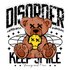 Urso de pelúcia estilizado segurando um emoji sorridente com olhos cruzados, acompanhado de texto gráfico que diz "DISORDER" e "KEEP SMILE", refletindo uma estética jovem e moderna. Ideal para moda streetwear e cultura urbana.