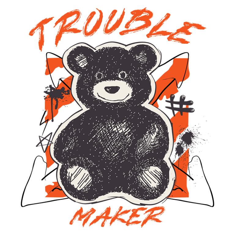 Urso de pelúcia estilizado com a frase "Trouble Maker" em um fundo colorido e grafismos modernos. Ideal para produtos infantis ou moda jovem.