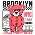 Urso rosa estilizado com óculos escuros, representando o estilo urbano de Brooklyn, NYC, 1998. Design moderno com elementos gráficos, incluindo uma rede global e texto em destaque sobre autenticidade e estilo de vida.