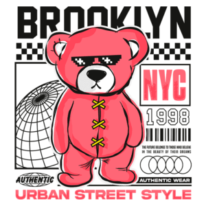 Urso rosa estilizado com óculos escuros, representando o estilo urbano de Brooklyn, NYC, 1998. Design moderno com elementos gráficos, incluindo uma rede global e texto em destaque sobre autenticidade e estilo de vida.