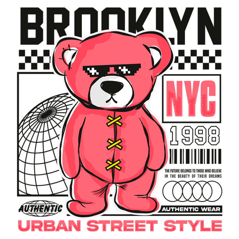 Urso rosa estilizado com óculos escuros, representando o estilo urbano de Brooklyn, NYC, 1998. Design moderno com elementos gráficos, incluindo uma rede global e texto em destaque sobre autenticidade e estilo de vida.