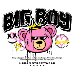 Design gráfico com um urso rosa estilizado usando óculos escuros e uma coroa, acompanhado do texto "BIG BOY" em letras grandes e ousadas. O fundo apresenta elementos gráficos urbanos, como símbolos de diamante e corações, refletindo a cultura streetwear. Ideal para moda urbana e tendências contemporâneas.