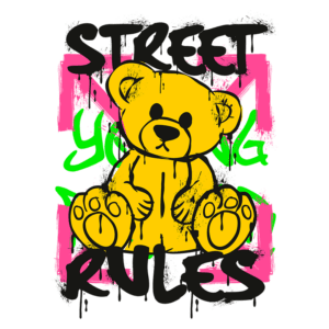 Ilustração de um urso de pelúcia amarelo com a frase "STREET RULES" em letras grandes e coloridas, destacando um estilo urbano e moderno. O fundo apresenta manchas de tinta em rosa e verde, criando um contraste vibrante.