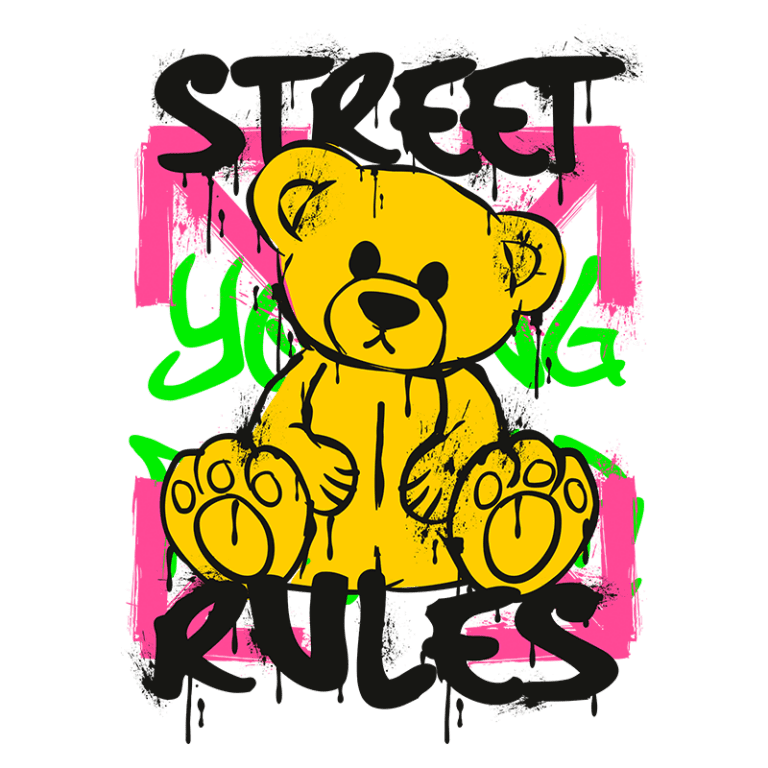 Ilustração de um urso de pelúcia amarelo com a frase "STREET RULES" em letras grandes e coloridas, destacando um estilo urbano e moderno. O fundo apresenta manchas de tinta em rosa e verde, criando um contraste vibrante.