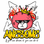 Ilustração de um urso rosa estilizado com óculos escuros e coroa, cercado por chamas e elementos gráficos, com o texto "AWESOME" em destaque. Design moderno e vibrante, transmitindo uma mensagem de empoderamento e criatividade.