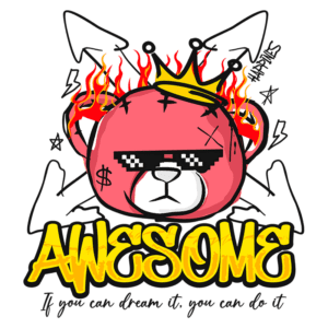 Ilustração de um urso rosa estilizado com óculos escuros e coroa, cercado por chamas e elementos gráficos, com o texto "AWESOME" em destaque. Design moderno e vibrante, transmitindo uma mensagem de empoderamento e criatividade.