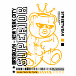Ilustração de uma camiseta de streetwear com um urso estilizado usando óculos escuros e uma coroa, destacando a frase "Superior" e a localização "Brooklyn - New York City". Design moderno e vibrante, edição limitada.
