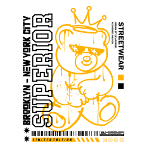 Ilustração de uma camiseta de streetwear com um urso estilizado usando óculos escuros e uma coroa, destacando a frase "Superior" e a localização "Brooklyn - New York City". Design moderno e vibrante, edição limitada.