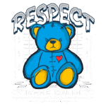Urso azul estilizado com coração vermelho, acompanhado do texto "RESPECT" e "KEEP CALM", enfatizando a importância do respeito e da confiança nas relações pessoais. Design moderno e vibrante, ideal para moda streetwear.