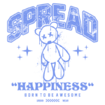 Desenho gráfico com a frase "SPREAD HAPPINESS" e um urso de pelúcia estilizado, destacando um estilo urbano e moderno. Ideal para moda casual e streetwear.