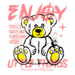 Ilustração de um urso estilizado com detalhes coloridos e frases motivacionais, transmitindo uma mensagem de felicidade e liberdade. Design moderno e divertido para roupas de qualidade premium.