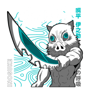Inosuke, personagem de "Demon Slayer", empunhando uma espada de lâmina longa, com um olhar feroz e usando uma máscara de javali. O fundo apresenta padrões ondulados em azul, destacando o estilo visual do anime.