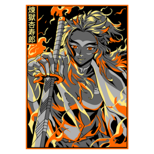 Imagem estilizada de um personagem de anime com cabelo longo e flamejante, segurando uma espada. O fundo é preto com detalhes em laranja e amarelo, destacando a intensidade do fogo. O personagem exibe uma expressão confiante e determinada.