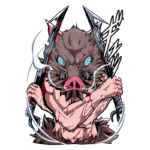 Ilustração de um personagem com cabeça de javali e corpo musculoso, segurando facas afiadas, com um fundo verde. O design é inspirado em animes, destacando olhos azuis intensos e detalhes sangrentos.