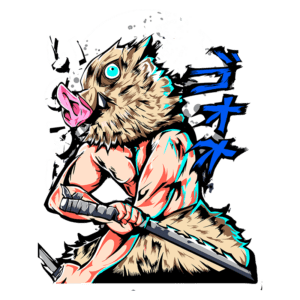 Personagem de anime com cabeça de javali, segurando uma espada, em uma pose de combate dinâmica. Fundo estilizado com efeitos gráficos em cores vibrantes.