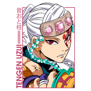 Ilustração do personagem Tengen Uzui, conhecido como Hashira do Som, com cabelo branco e adornos coloridos. Ele usa uma faixa na cabeça com pedras preciosas e possui uma expressão determinada. O fundo é em tons de verde com o nome do personagem destacado em rosa.