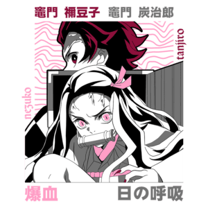Ilustração de Nezuko e Tanjiro, personagens do anime Demon Slayer, em estilo de arte em quadrinhos. Nezuko aparece com uma expressão determinada, usando uma faixa na boca, enquanto Tanjiro observa ao fundo. O fundo apresenta padrões gráficos, destacando os elementos icônicos da série.