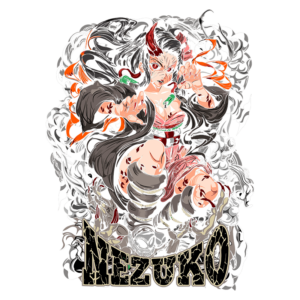 Ilustração da personagem Nezuko, do anime "Demon Slayer", em uma pose dinâmica, com cabelo longo e escuro, vestindo um kimono rosa e detalhes em verde. A imagem apresenta um fundo de fumaça e elementos coloridos, destacando a força e a determinação da personagem.