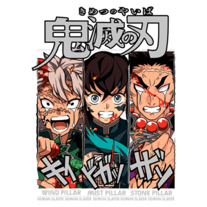 Imagem dos pilares do anime Demon Slayer, apresentando os personagens do Pilar do Vento, Pilar da Névoa e Pilar da Pedra, com expressões intensas e elementos de batalha.