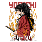 Ilustração de um personagem estilizado com cabelo longo e preto, vestindo um manto vermelho, segurando uma espada. Chamas laranjas cercam o personagem, criando um efeito dramático. Texto em destaque com os nomes "Yodashi" e "Tsugikun". Ideal para fãs de anime e cultura pop.
