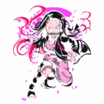 Personagem feminina de anime com cabelos longos e rosa, vestindo um kimono rosa e preto, correndo com uma expressão determinada. Ela segura uma máscara com os dentes, em um fundo vibrante com efeitos de movimento e pétalas de flores.