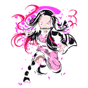 Personagem feminina de anime com cabelos longos e rosa, vestindo um kimono rosa e preto, correndo com uma expressão determinada. Ela segura uma máscara com os dentes, em um fundo vibrante com efeitos de movimento e pétalas de flores.