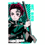 Imagem do personagem Tanjiro Kamado, protagonista de Demon Slayer, segurando uma espada e exibindo um sorriso confiante. O fundo apresenta um padrão geométrico em cores vibrantes, destacando seu visual marcante.