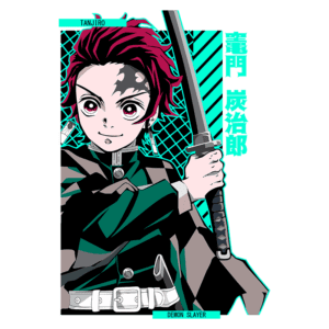 Imagem do personagem Tanjiro Kamado, protagonista de Demon Slayer, segurando uma espada e exibindo um sorriso confiante. O fundo apresenta um padrão geométrico em cores vibrantes, destacando seu visual marcante.