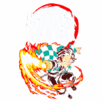 Imagem de um personagem da série "Demon Slayer" atacando com uma espada envolta em chamas, vestindo um uniforme xadrez verde e preto, com o título "Demon Slayer" destacado acima.