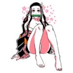 Personagem de anime sentada com cabelo longo e fita na cabeça, usando um kimono colorido. Ao fundo, flores de cerejeira e texto em japonês.