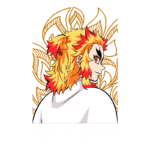 Ilustração de Kyojuro Rengoku, personagem de Demon Slayer, com cabelo amarelo e laranja, olhar determinado e fundo decorativo em estilo japonês.
