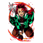 Personagem de anime com cabelo vermelho e roupa listrada em verde, agachado e sorrindo, rodeado por chamas estilizadas, representando ação e energia.