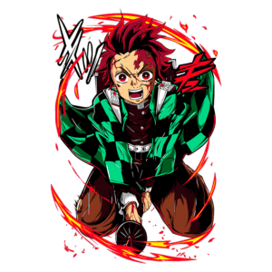 Personagem de anime com cabelo vermelho e roupa listrada em verde, agachado e sorrindo, rodeado por chamas estilizadas, representando ação e energia.