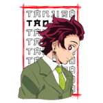Imagem de Tanjiro Kamado, personagem de "Demon Slayer", com cabelo vermelho escuro, usando um terno verde e gravata com padrão. O fundo apresenta a repetição do nome "Tanjiro" em letras estilizadas.