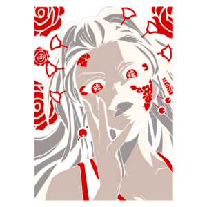 Ilustração de personagem de anime com cabelos longos e brancos, sorrindo e mostrando os dentes. O rosto é decorado com flores e padrões vermelhos, enquanto rosas vermelhas estão ao fundo. A personagem usa uma blusa vermelha e apresenta um olhar expressivo e enigmático.