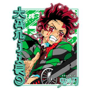Personagem de anime com cabelo vermelho e expressão intensa, vestindo uniforme verde e preto, segurando uma espada e com sangue visível, representando uma cena de ação e emoção.